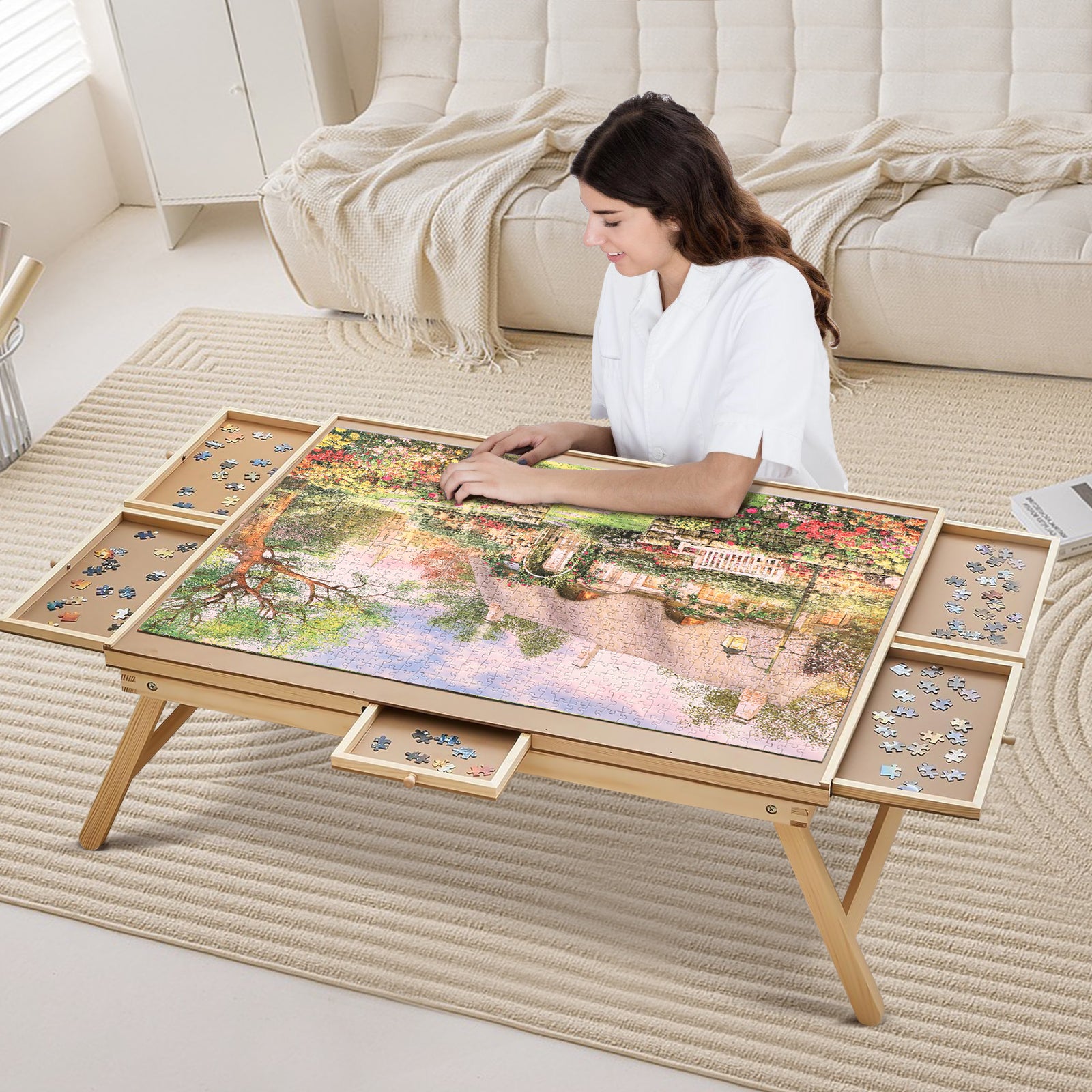 TALGIC Puzzle Table with 6 Drawers and Legs, 1500 Pieces Folding
