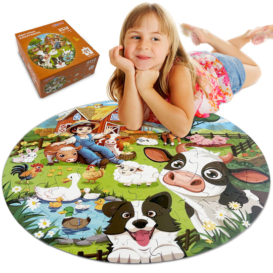 TALGIC Toddler Farm Puzzles with Animals & Barn, Educational Round Floor Puzzles for Kids Ages 3-6