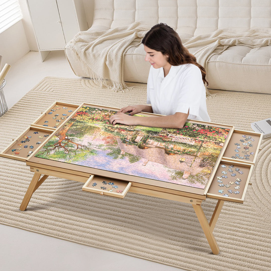 Table puzzle portable à 2 tiroirs et Pieds longs - Noyer | King du casse-tête Table puzzle portable à 2 tiroirs et Pieds longs - Noyer | King du casse-tête