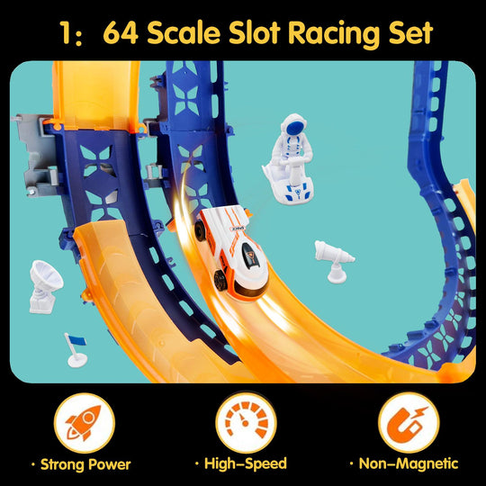 TALGIC Slot-Car-Race-Track-Sets for Boys, Non- Magnetic Push and Go Pull Back Trucks with 1 High-Speed Slot Car