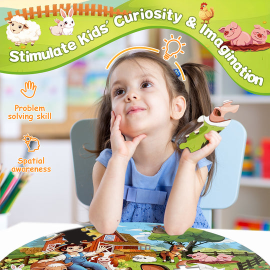 TALGIC Toddler Farm Puzzles with Animals & Barn, Educational Round Floor Puzzles for Kids Ages 3-6