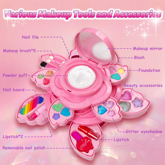 TALGIC Pink Petal-Shaped Makeup Box for Children Aged 3, 4, 5, 6 + Children's Makeup Tools