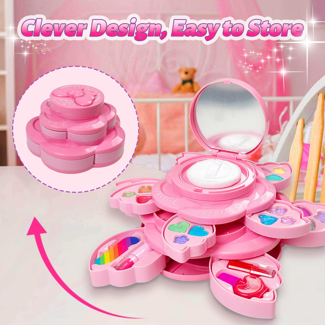 TALGIC Pink Petal-Shaped Makeup Box for Children Aged 3, 4, 5, 6 + Children's Makeup Tools