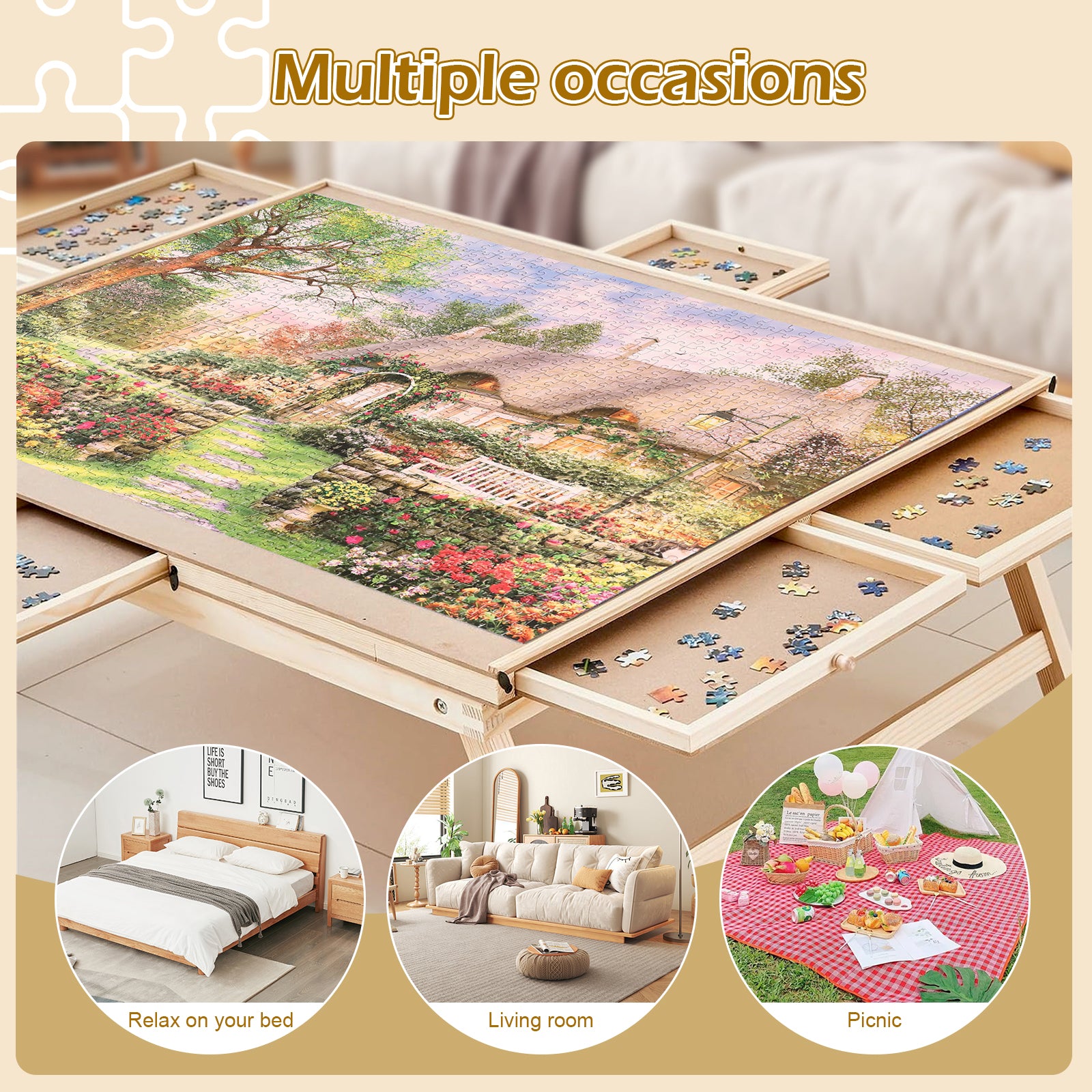 TALGIC Puzzle Table with 6 Drawers and Legs, 1500 Pieces Folding